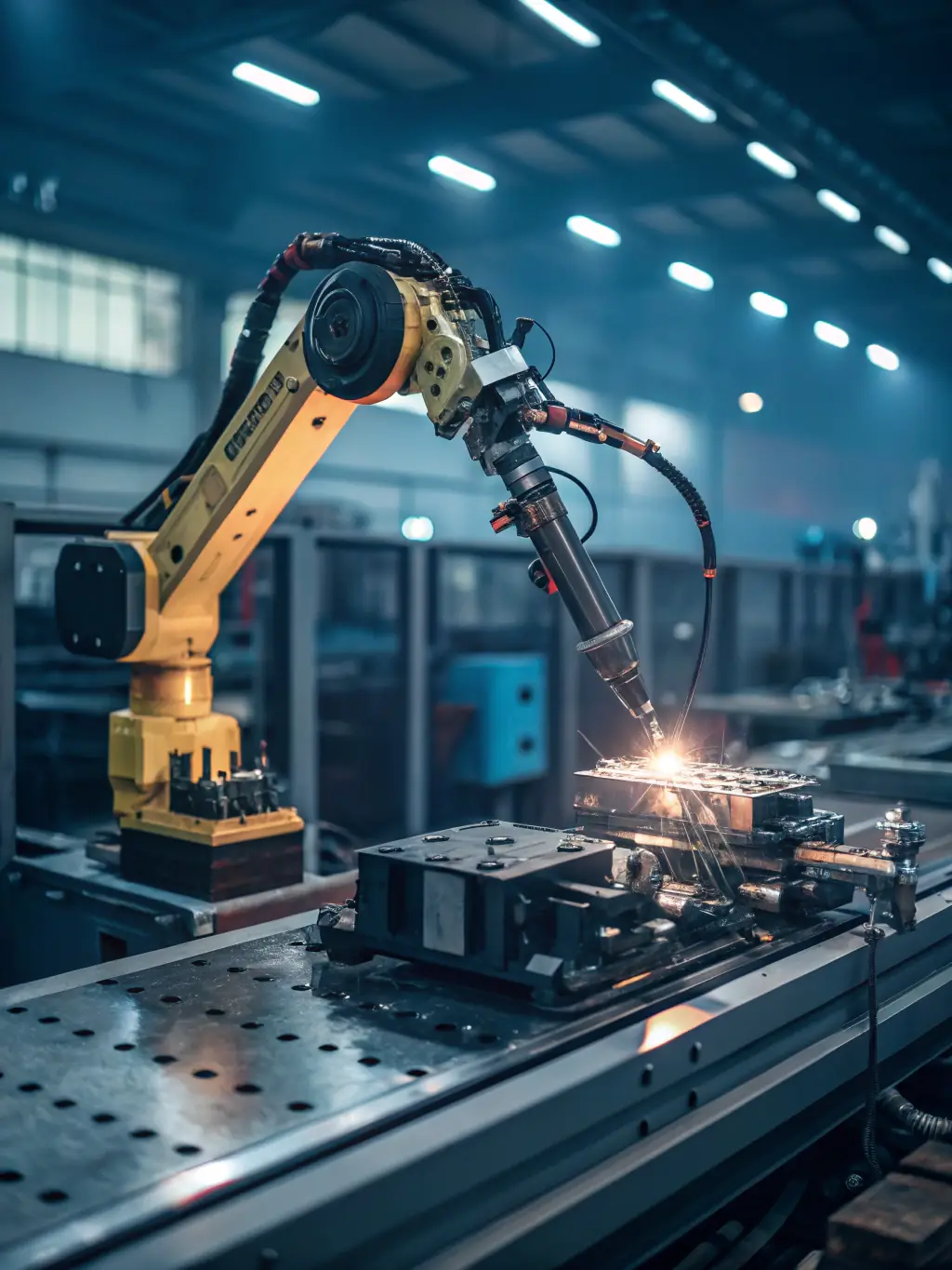 A futuristic image of a robotic arm working on a production line, with AI interfaces and data overlays, representing AI-powered automation in a factory setting.