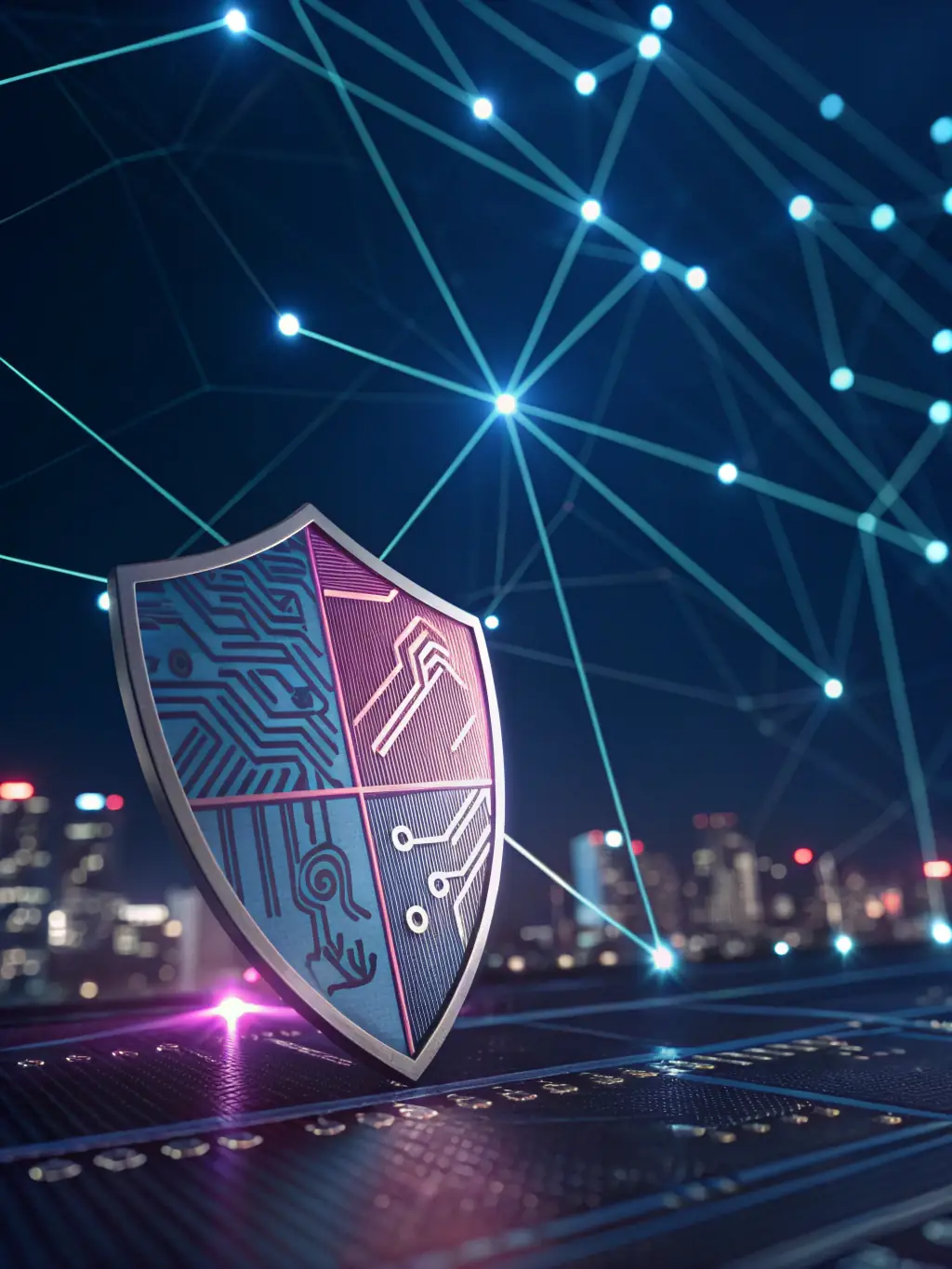 A digital illustration of a shield with a lock icon inside, surrounded by network nodes and data streams, symbolizing robust cybersecurity protection.