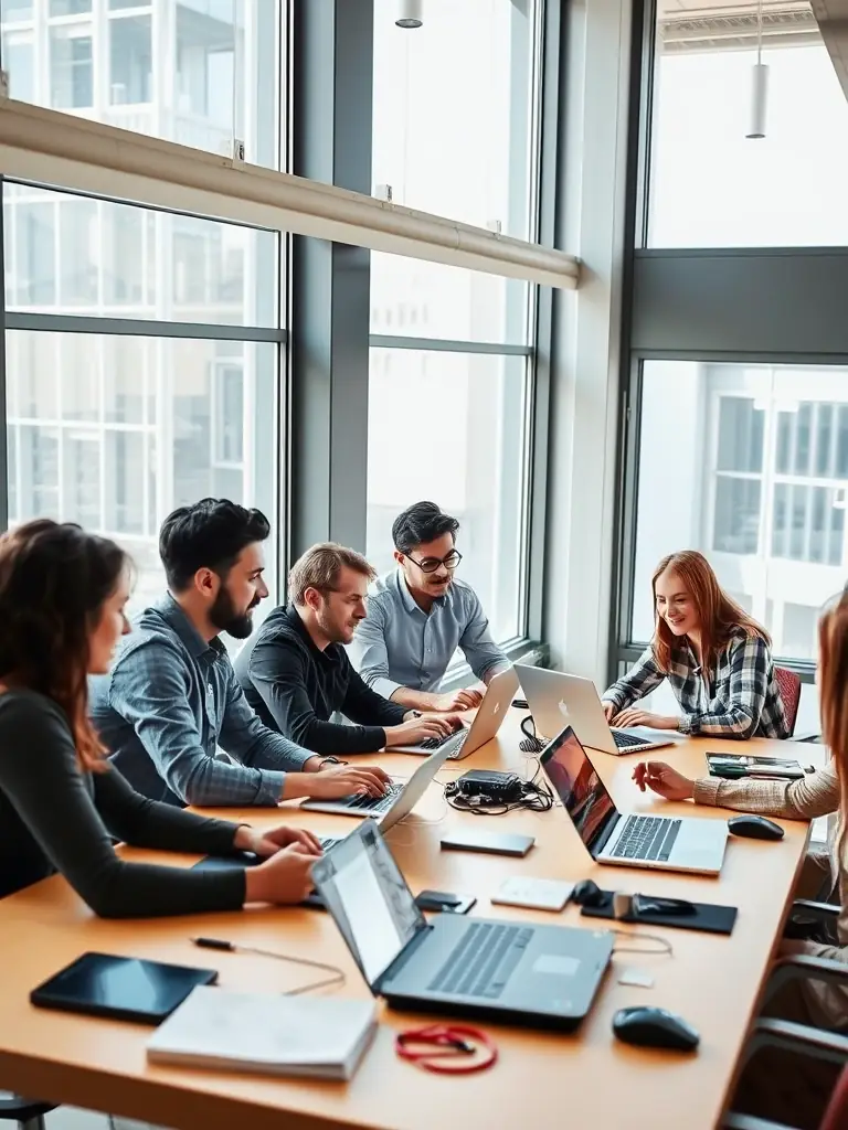 A team of software developers collaborating on a project, with multiple screens displaying code and design interfaces, in a dynamic and innovative workspace.