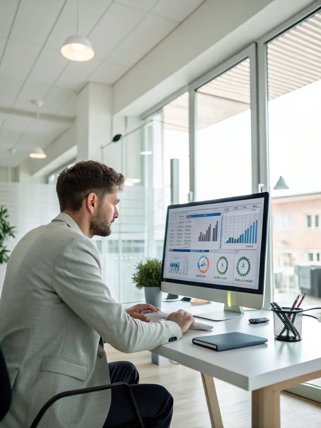 A professional photograph of a data analyst working at a computer, surrounded by data visualizations and charts, in a modern office setting. The image should convey expertise and analytical skills.